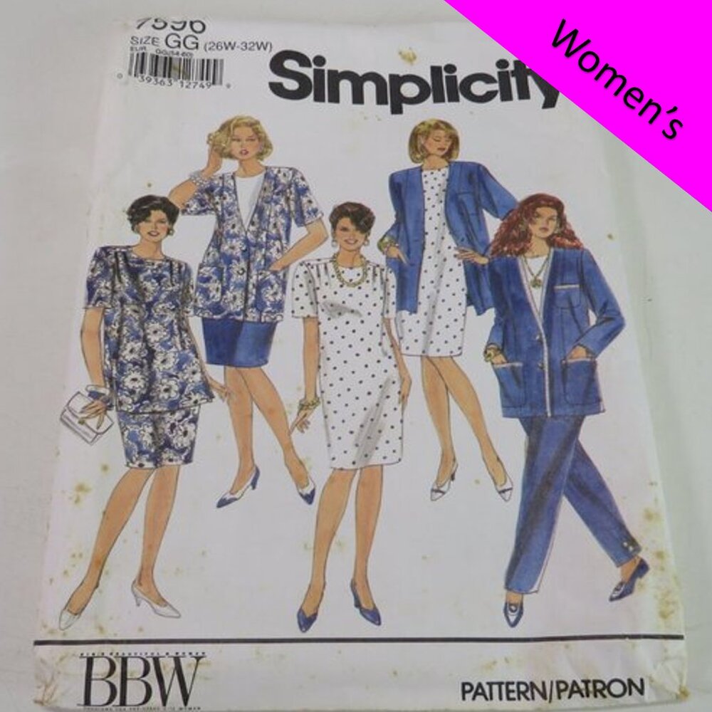 simplicity 7896 sewing pattern dress, jacket, top, pants, skirt